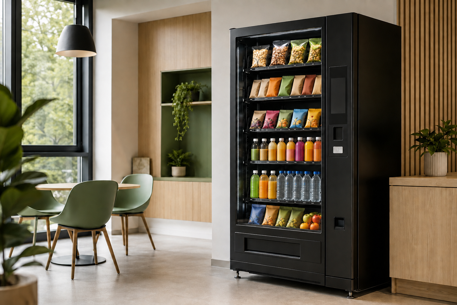 Distributeur automatique moderne dans un espace de pause lumineux